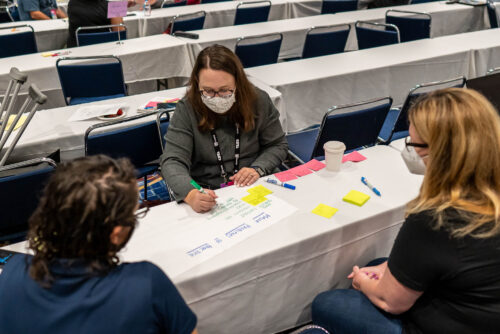 Three people attending a workshop